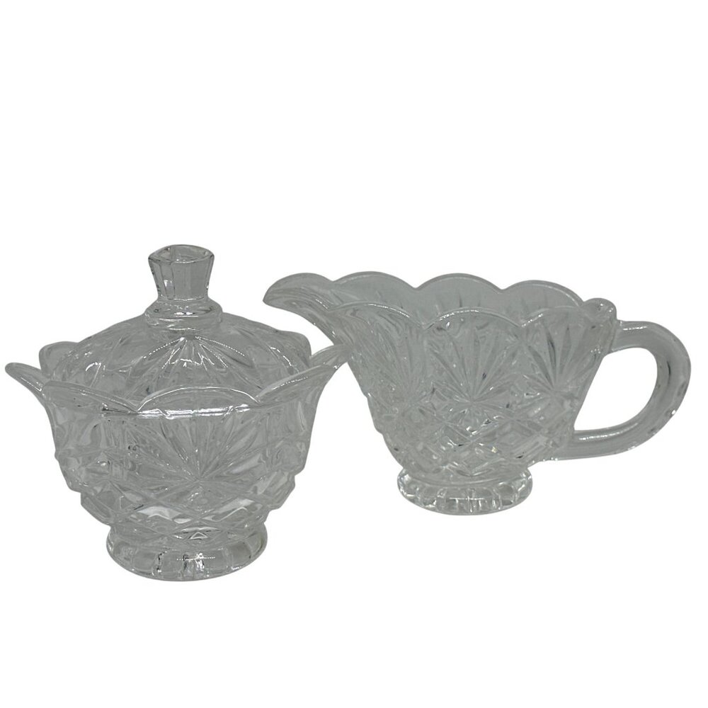 VTG Clear‎ Cut Glass Sugar & Creamer Set | Scalloped Edge Pressed Crystal 4.5"